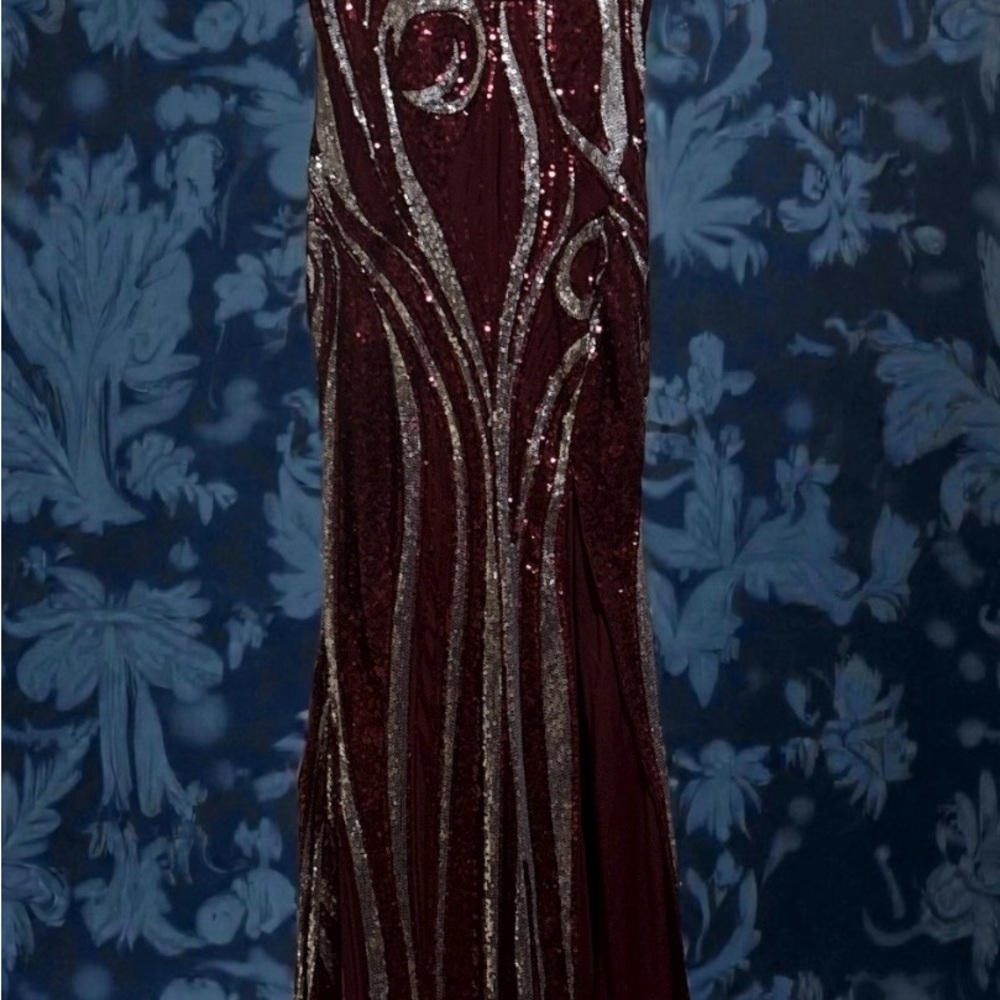 Burgundy and Silver Sequins Formal Maxi Dress